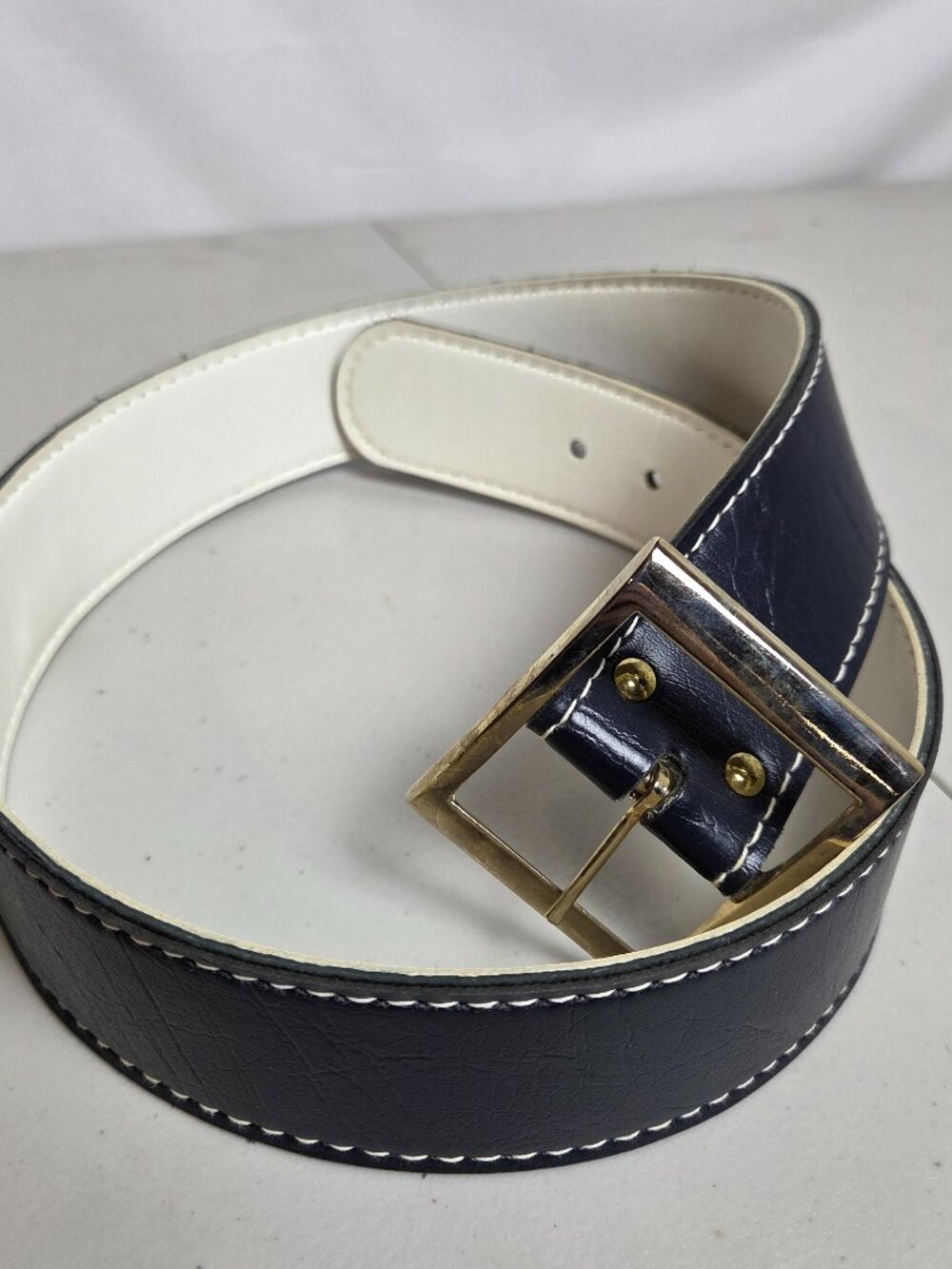 Vintage Swank Blue Faux Leather Belt White Interior Stitched Brass Buckle 34